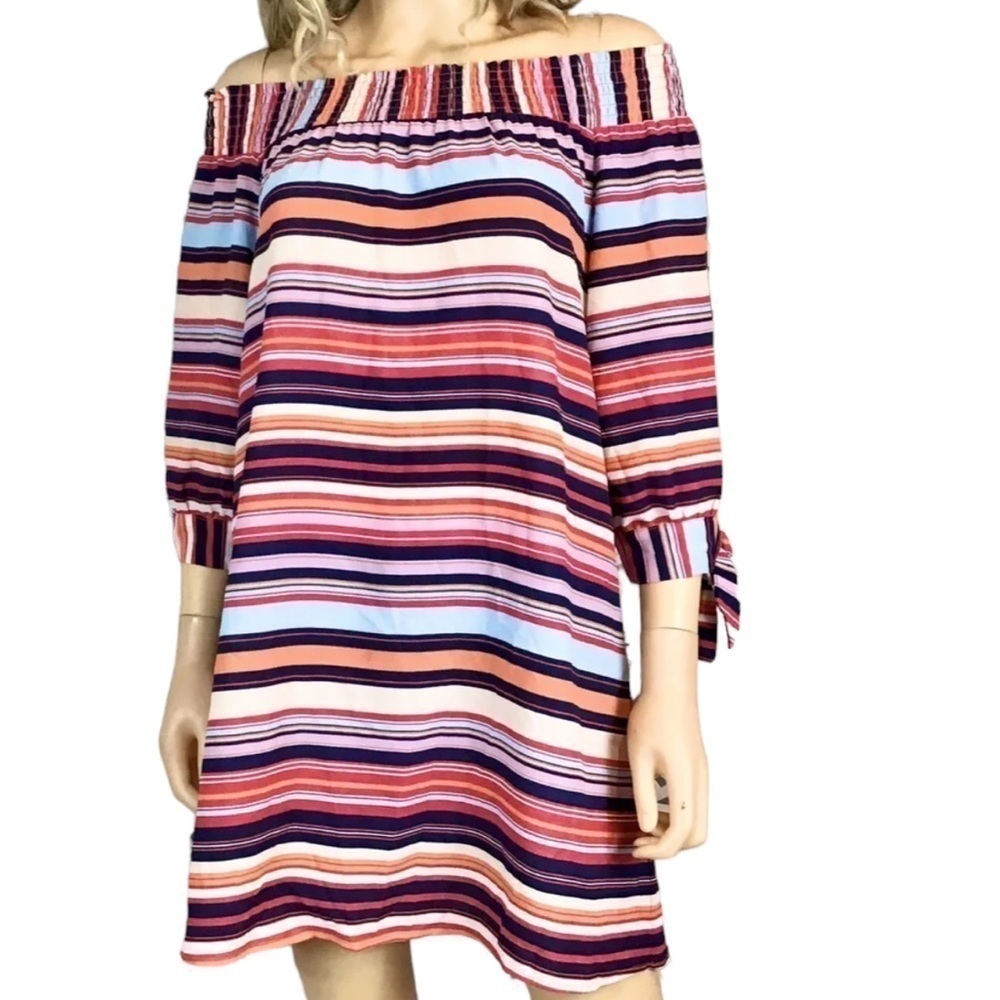 Want and Need Women's Size Medium Off Shoulder Mini Dress Navy Stripes Tie Slit